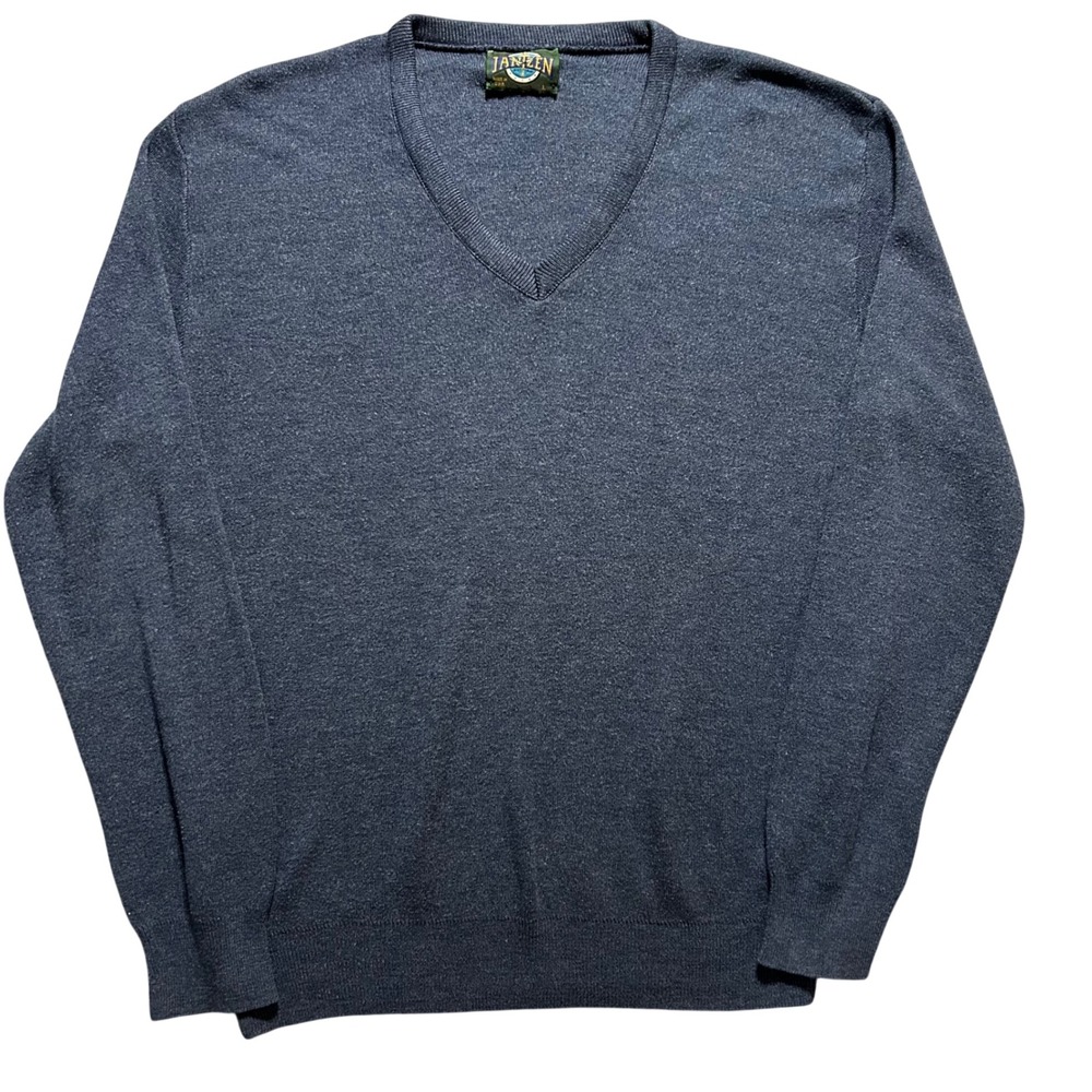 VTG Jantzen V-Neck Cotton Sweater Mens Large Navy Blue Heather Knit Made in USA